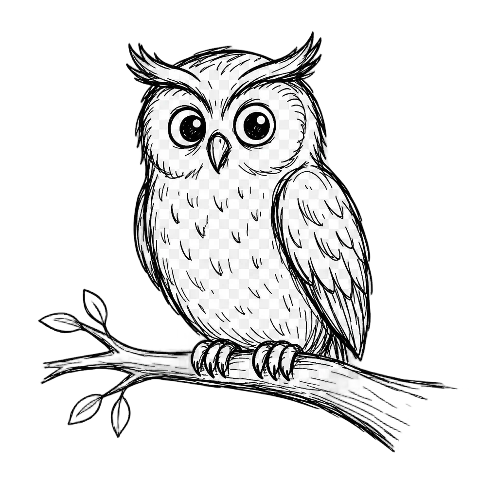 Owl on Branch Doodle - Night Scene — free clip art