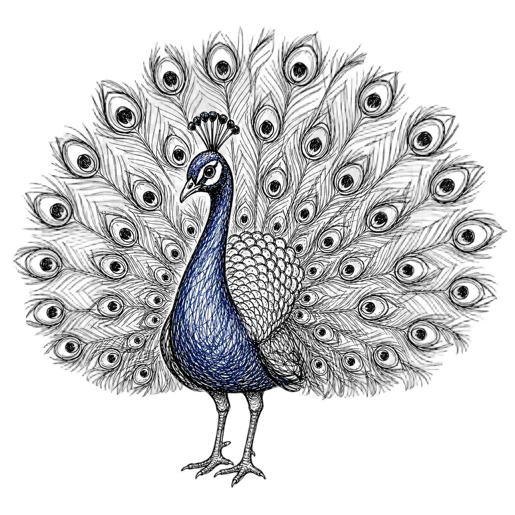 Proud Peacock with Spread Tail Doodle — free clip art