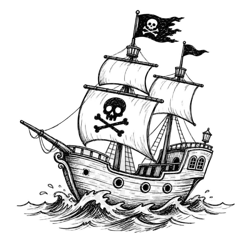 Pirate Ship Doodle on Choppy Waves — free clip art