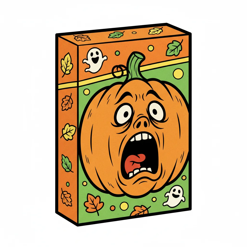 pumpkin smiling on the front of a cereal box, the pumpkins face pops out in horr — free clip art