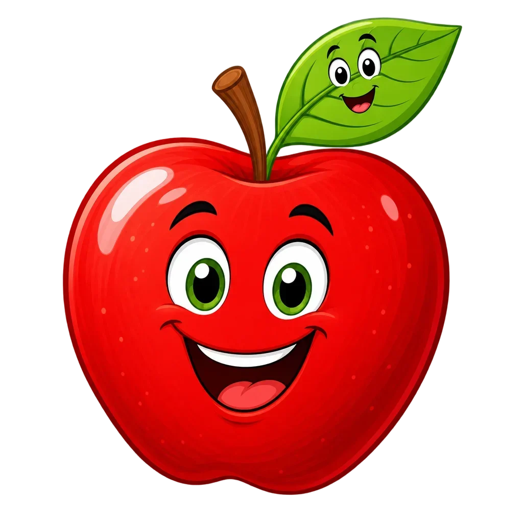 Bright Red Cartoon Apple with Leaf — free clip art