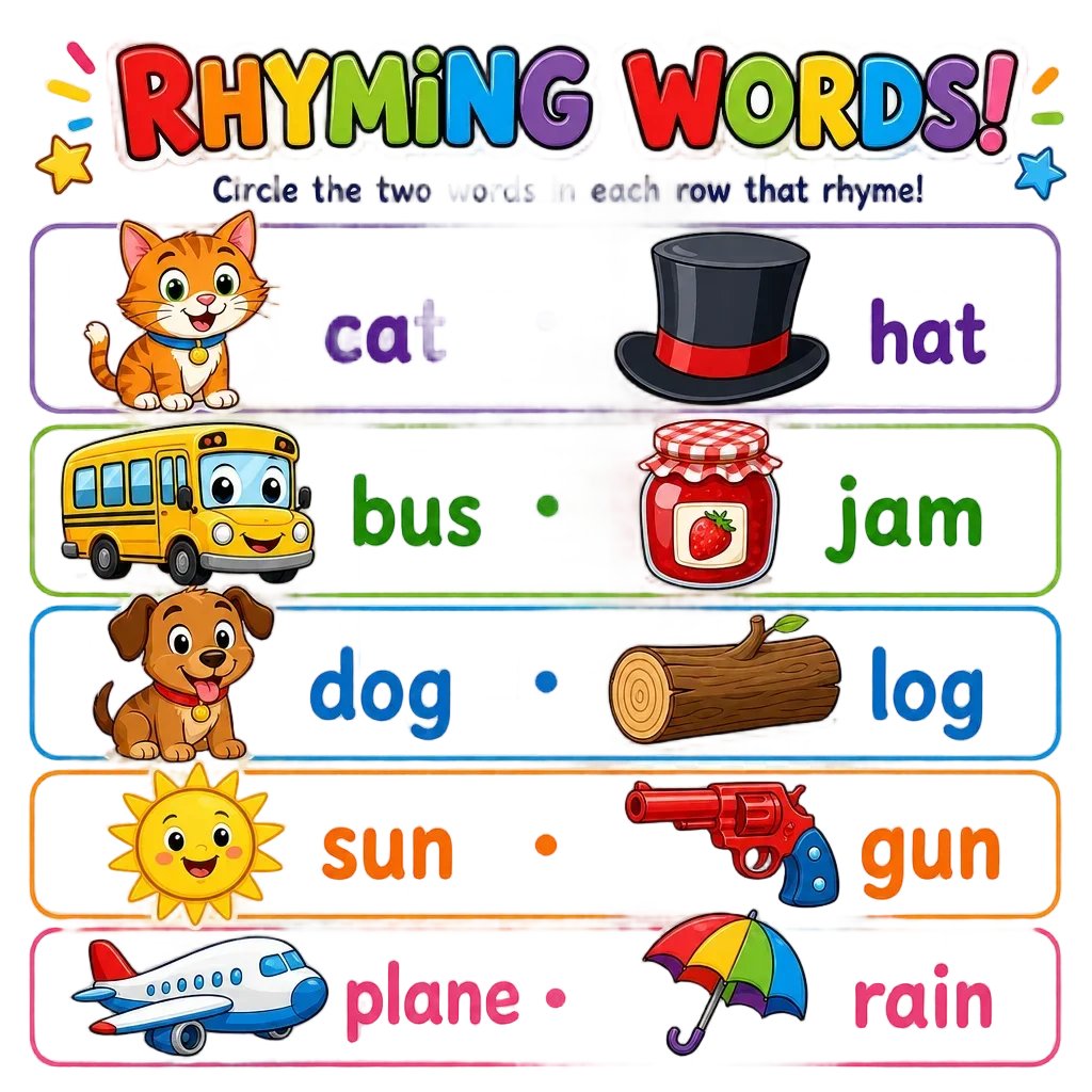 Rhyming Words Worksheet with Illustrated Pairs — free clip art