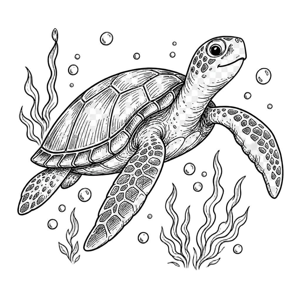 Sea Turtle Swimming in Seaweed Doodle — free clip art