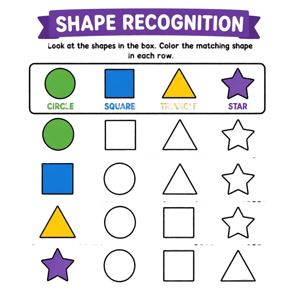 Shape Recognition Worksheet - Circles, Squares, Triangles, Stars — free clip art