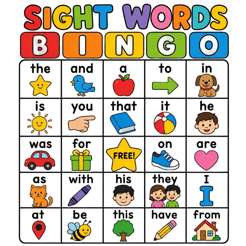 Sight Words Bingo Card Worksheet — free clip art