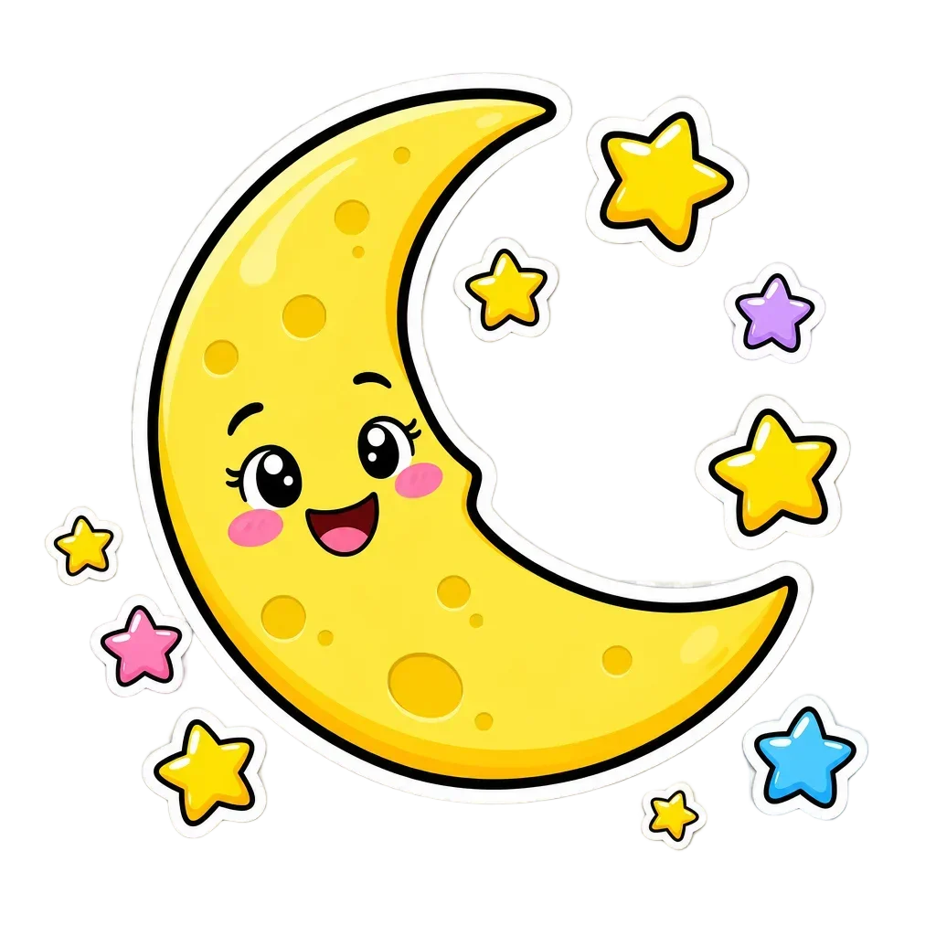 Smiling Crescent Moon with Stars Sticker — free clip art