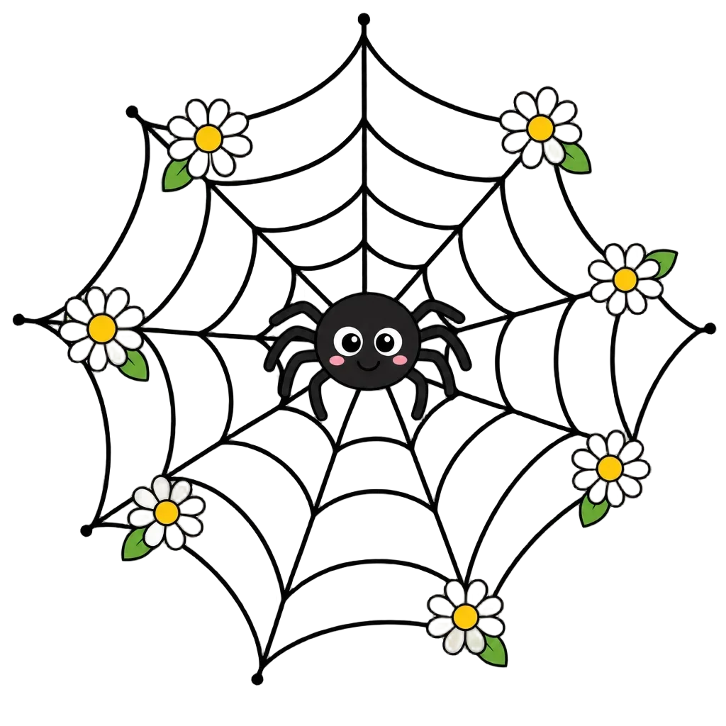 Smiling Spider Web with Cartoon Daisies — free clip art