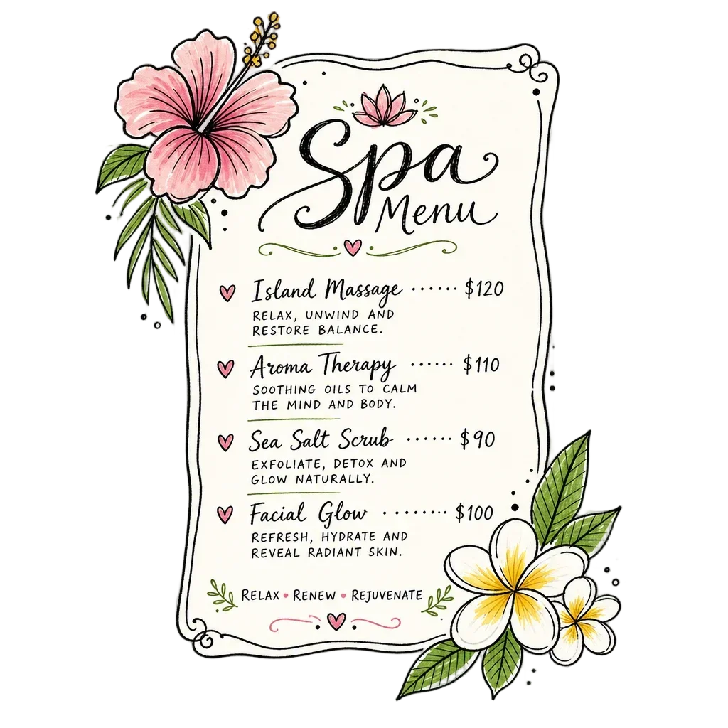 Resort Spa Menu Card with Flowers & Calligraphy — free clip art