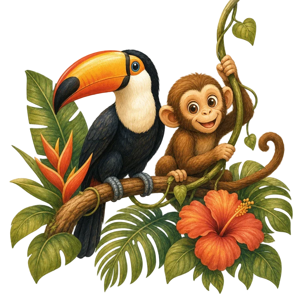 Storybook Jungle Scene with Toucan — free clip art