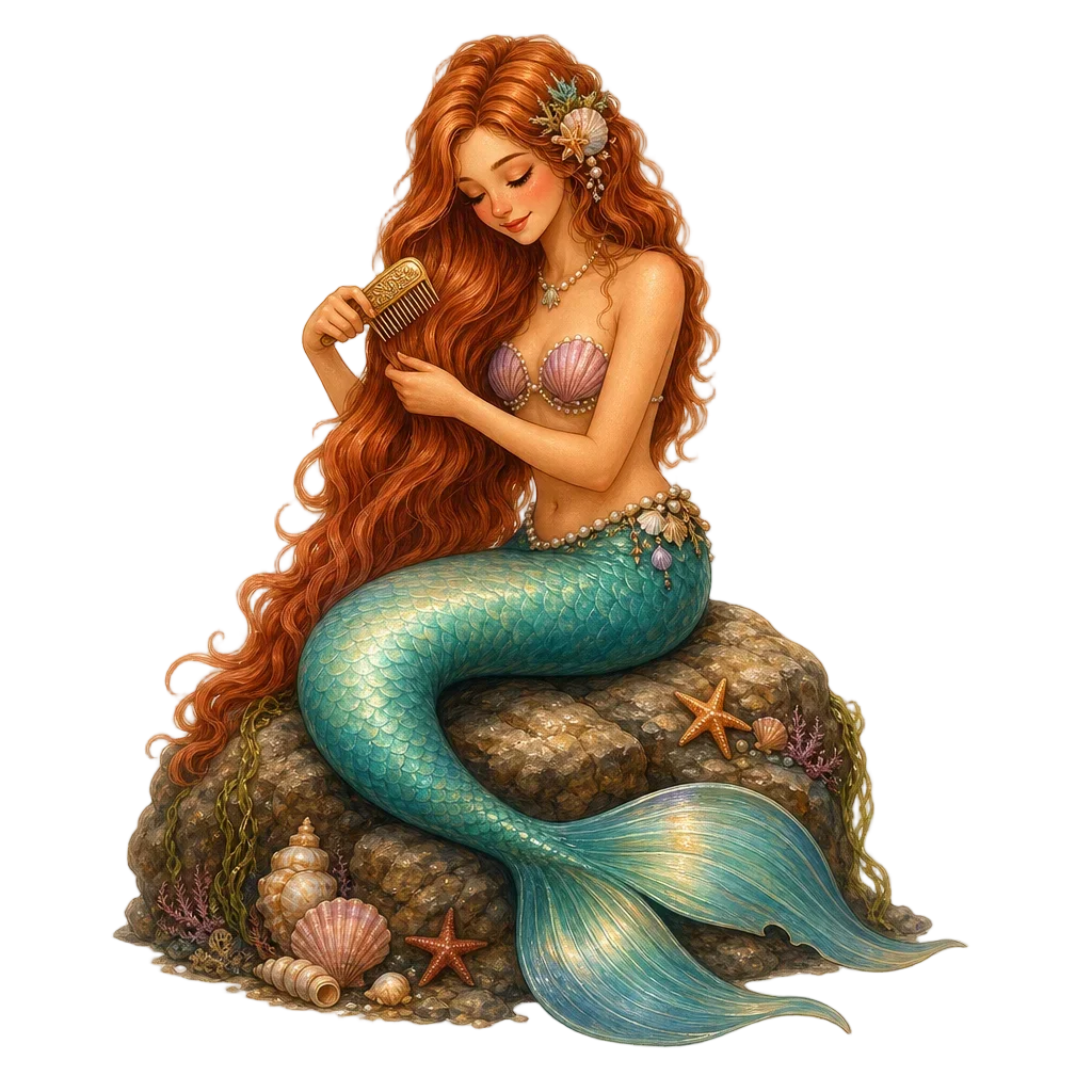 Storybook Mermaid Combing Hair on Rock — free clip art