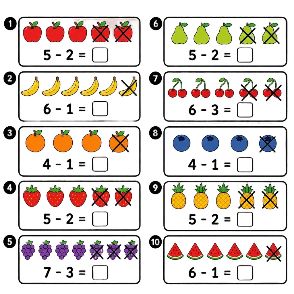 Subtraction Worksheet with Visual Fruit Counters — free clip art