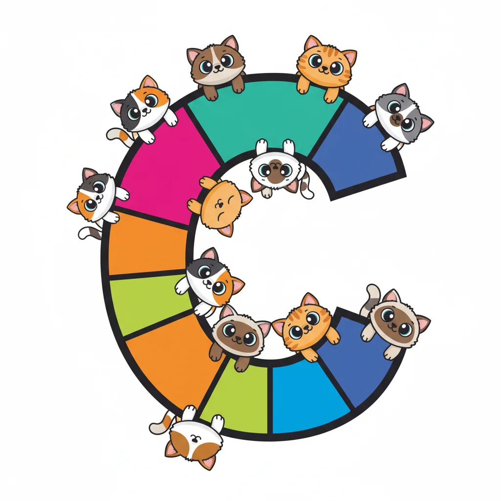 the letter C large, colorful with cute cats climbing it — free clip art