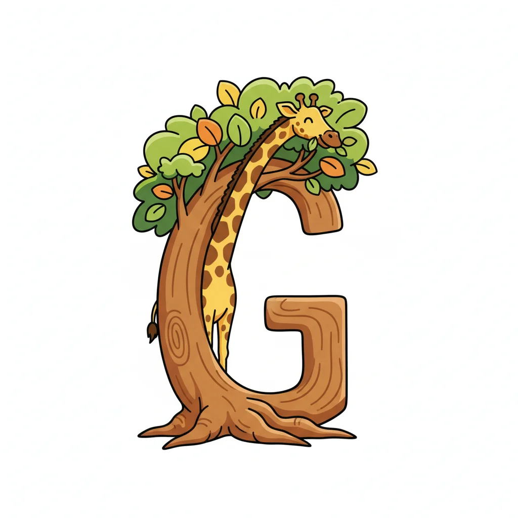 the letter G large, in the shape of a tall tree with a long neck giraffe eating — free clip art