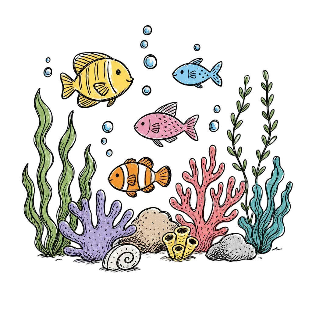 Underwater Doodle Scene with Fish and Coral — free clip art