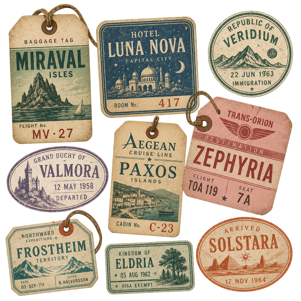 Vintage Luggage Tags and Travel Stamps — free clip art
