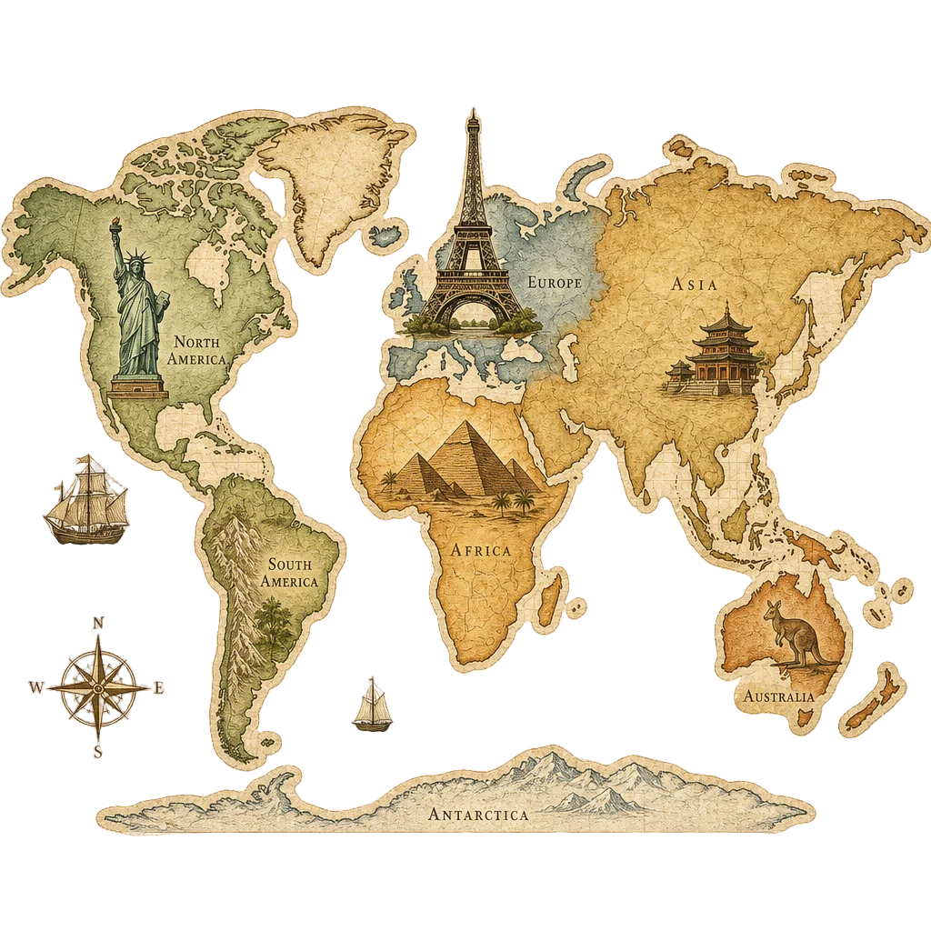 Vintage World Map Travel Icons — free clip art