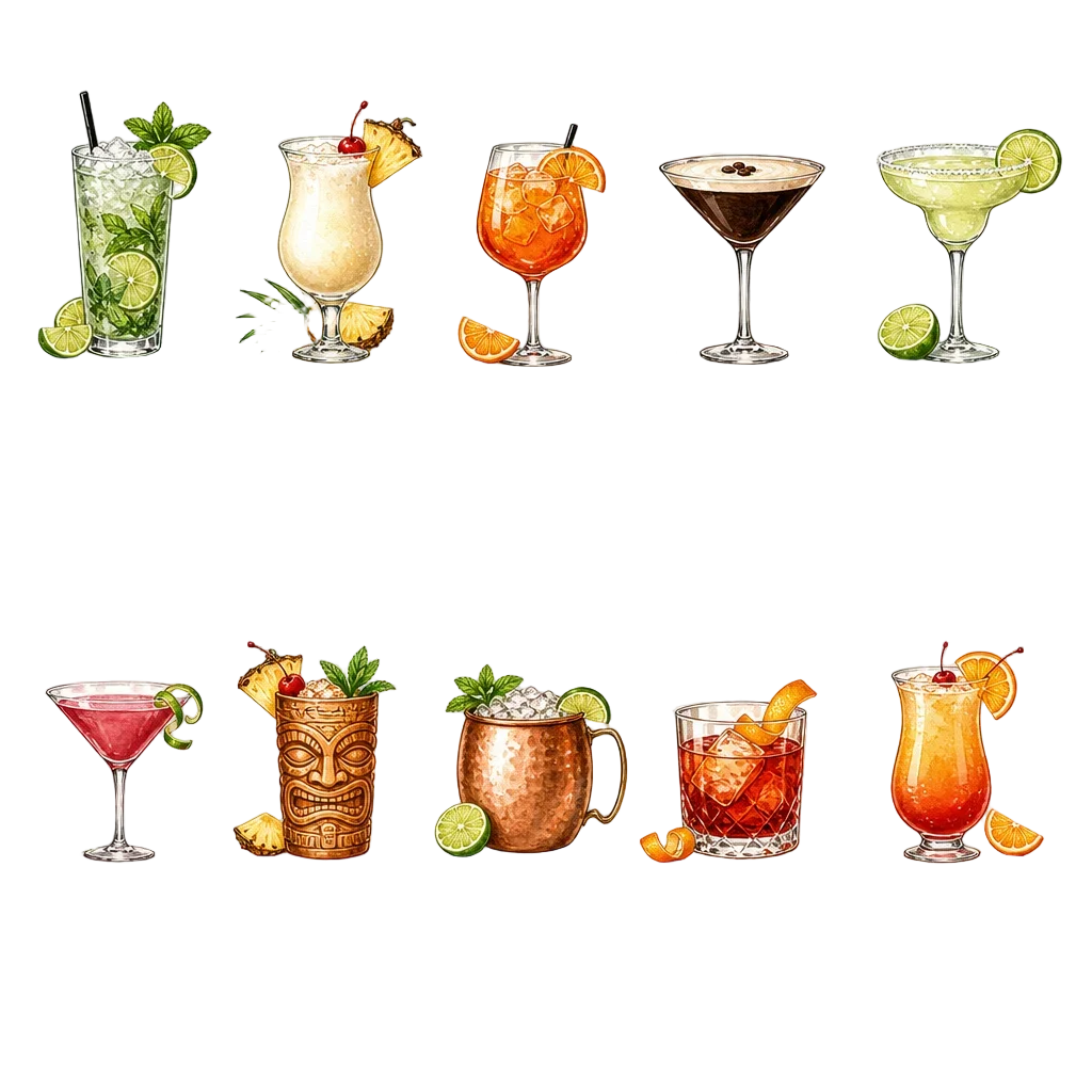 Elegant Watercolor Cocktail Recipe Collection — free clip art