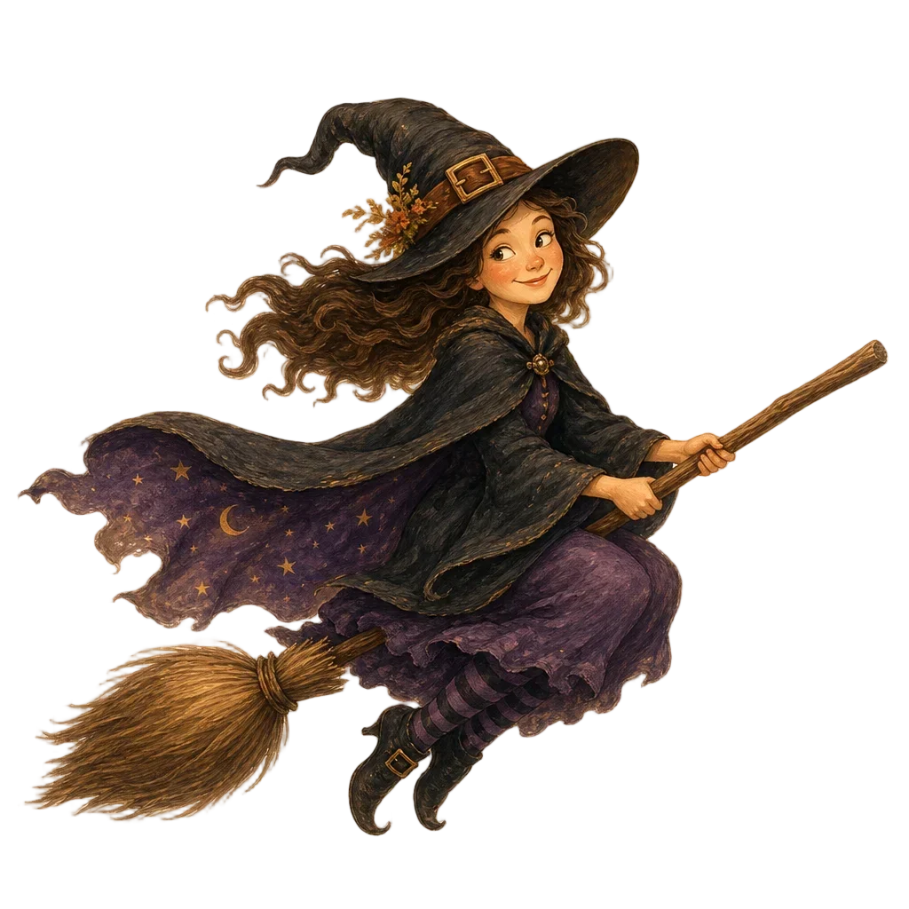 Witch Flying on Broomstick Past Moon — free clip art