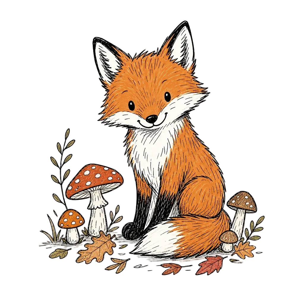 Woodland Fox with Mushrooms Doodle — free clip art