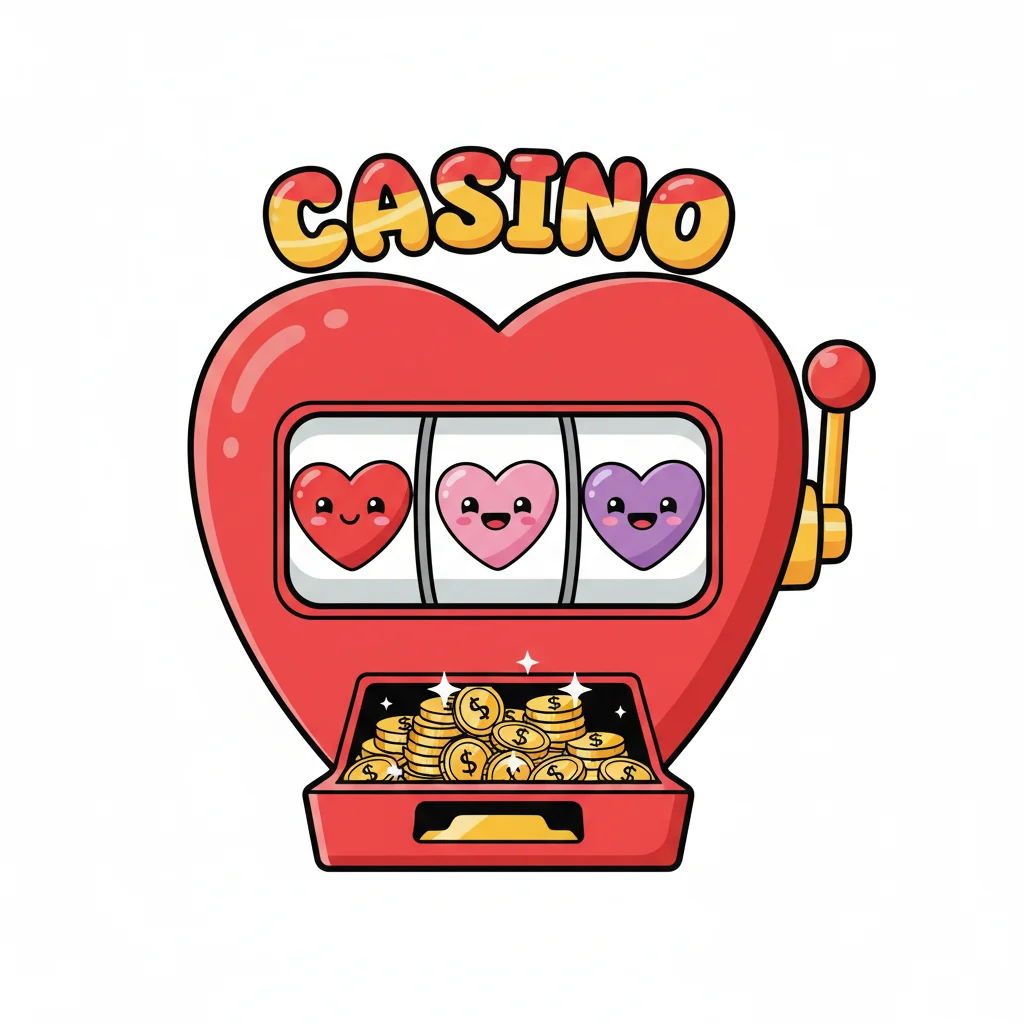 cute heart slot machine look, 3 different heart colors, gold coins under slots, with casino word abo — free clip art