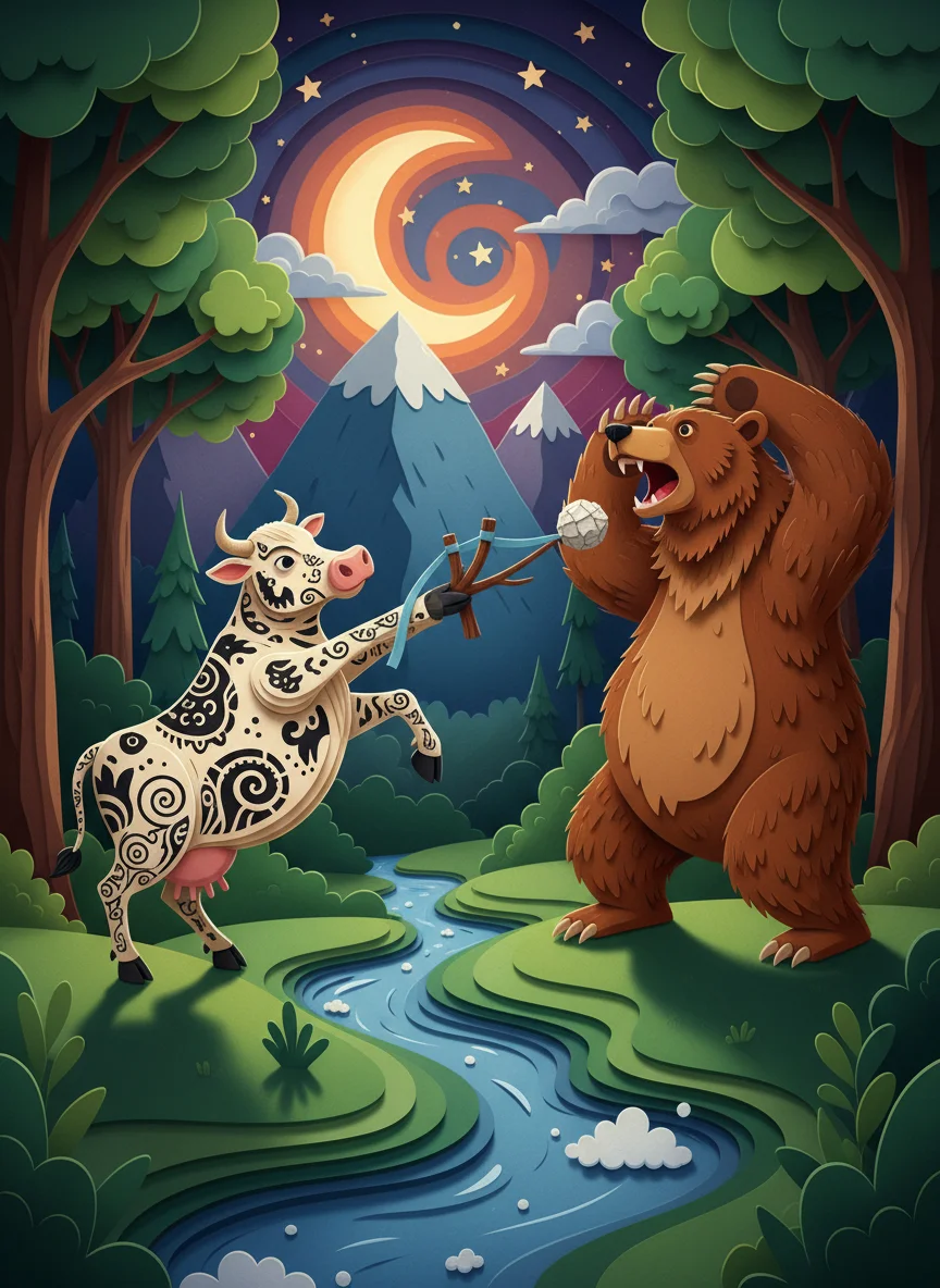 Cow Uses Slingshot Against Bear — free illustration