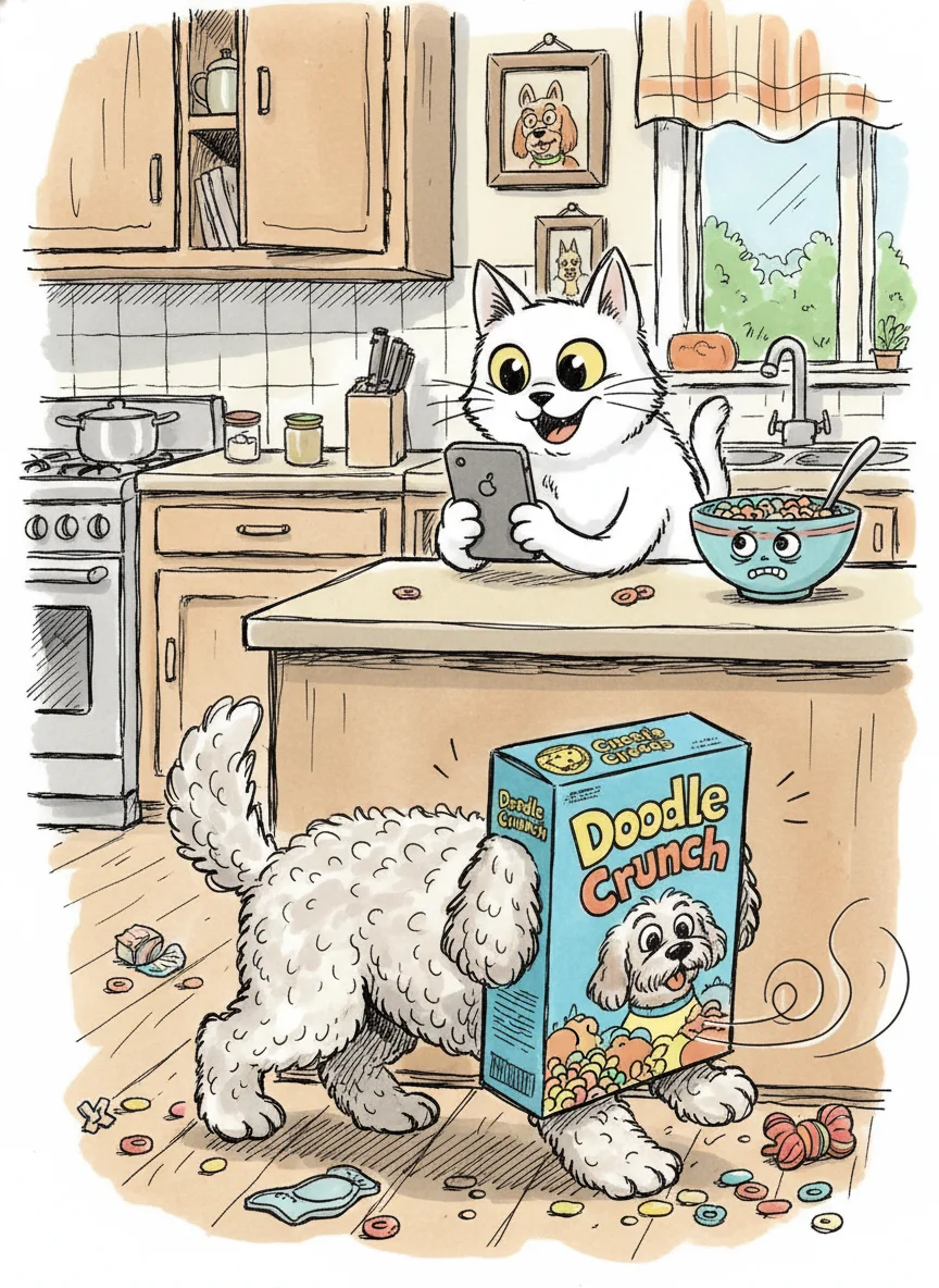 Doodle Dog's Cereal Box Adventure — free illustration
