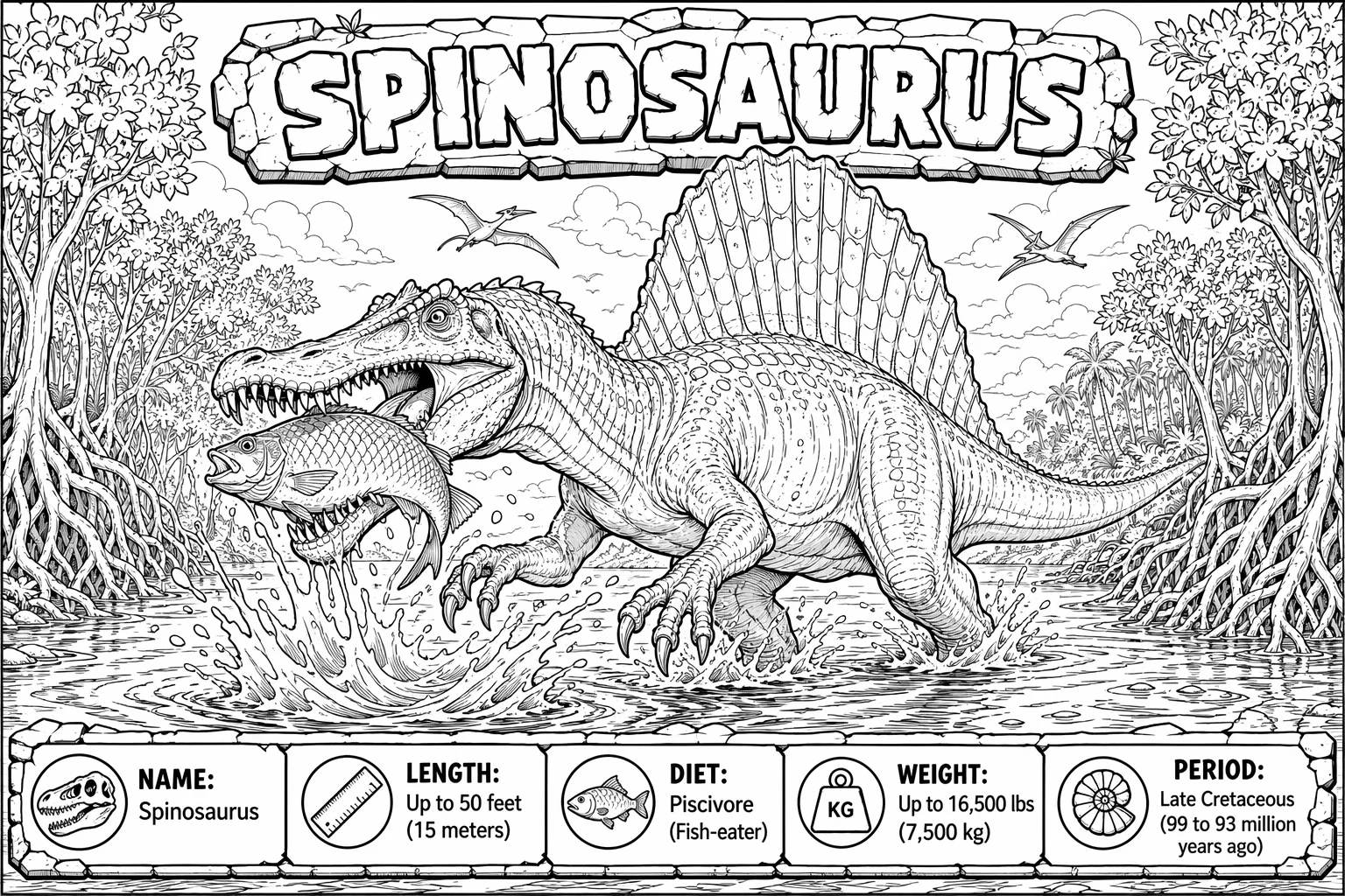 Spinosaurus River Fishing Coloring Page — free illustration