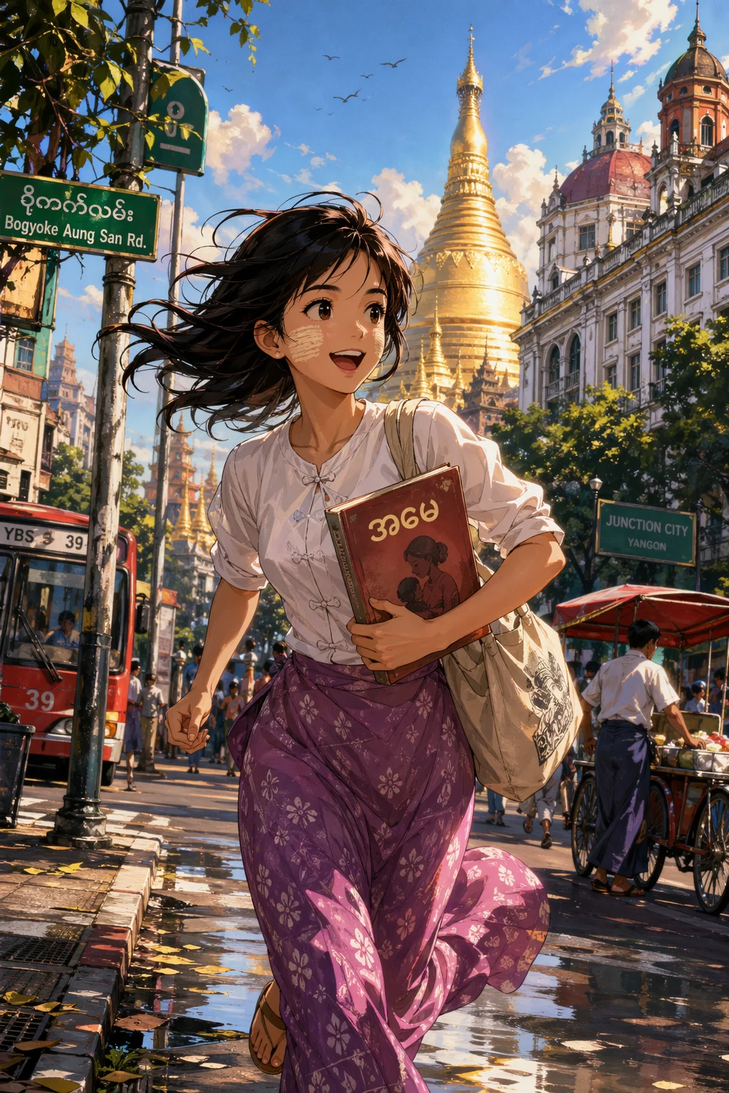 Burmese Woman Running in Yangon — free illustration