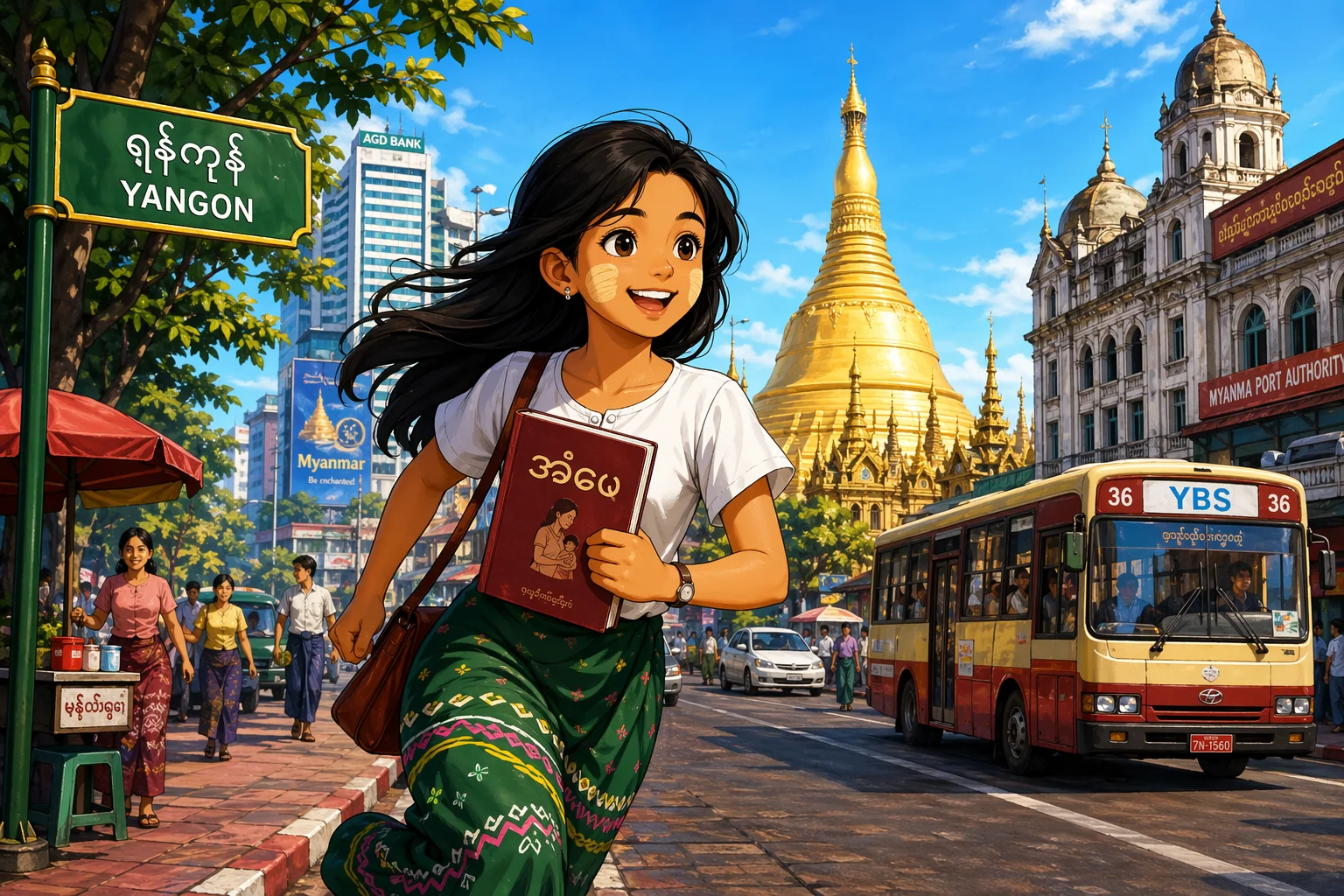 Burmese Woman Running in Yangon — free illustration