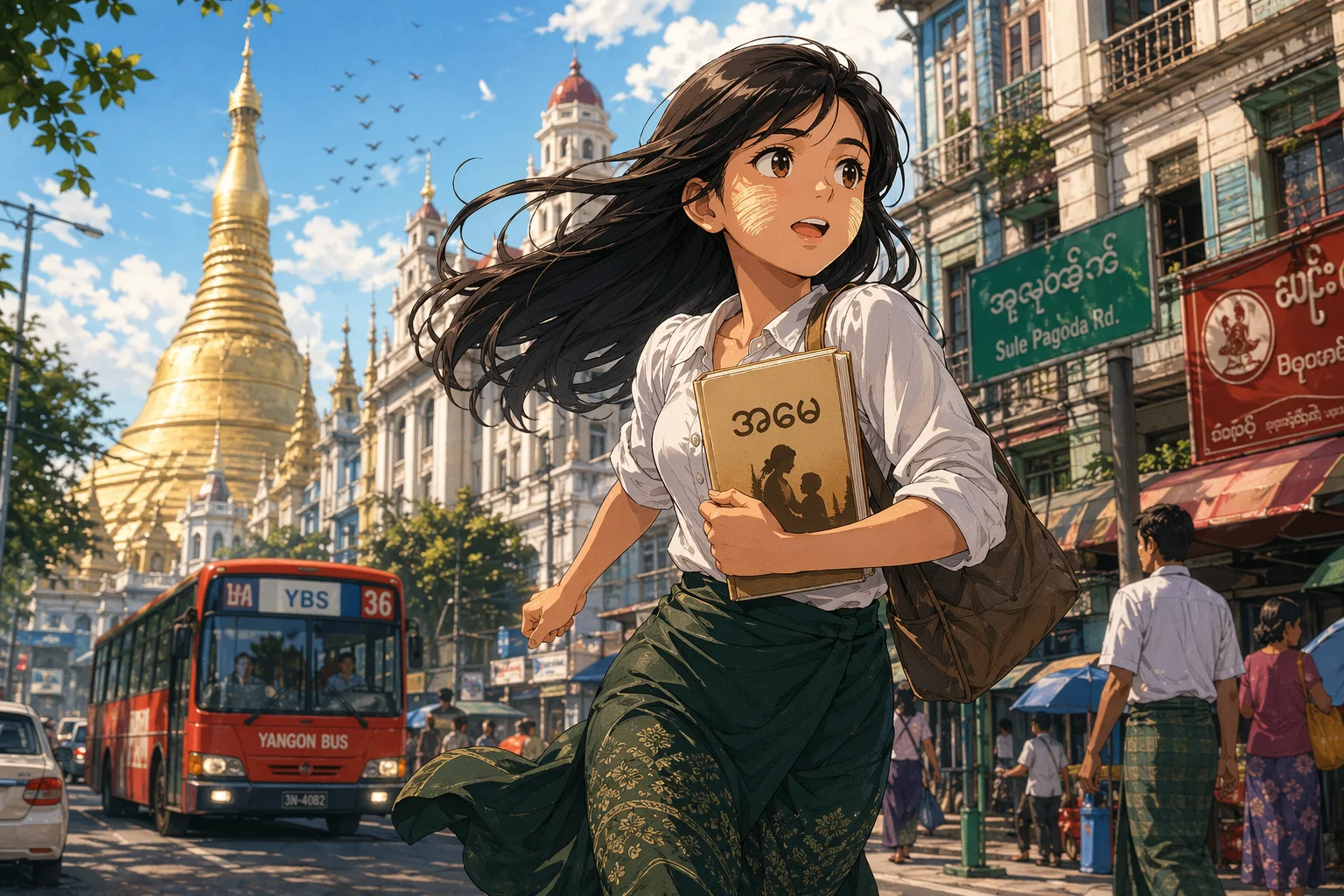Burmese Woman Running in Yangon — free illustration