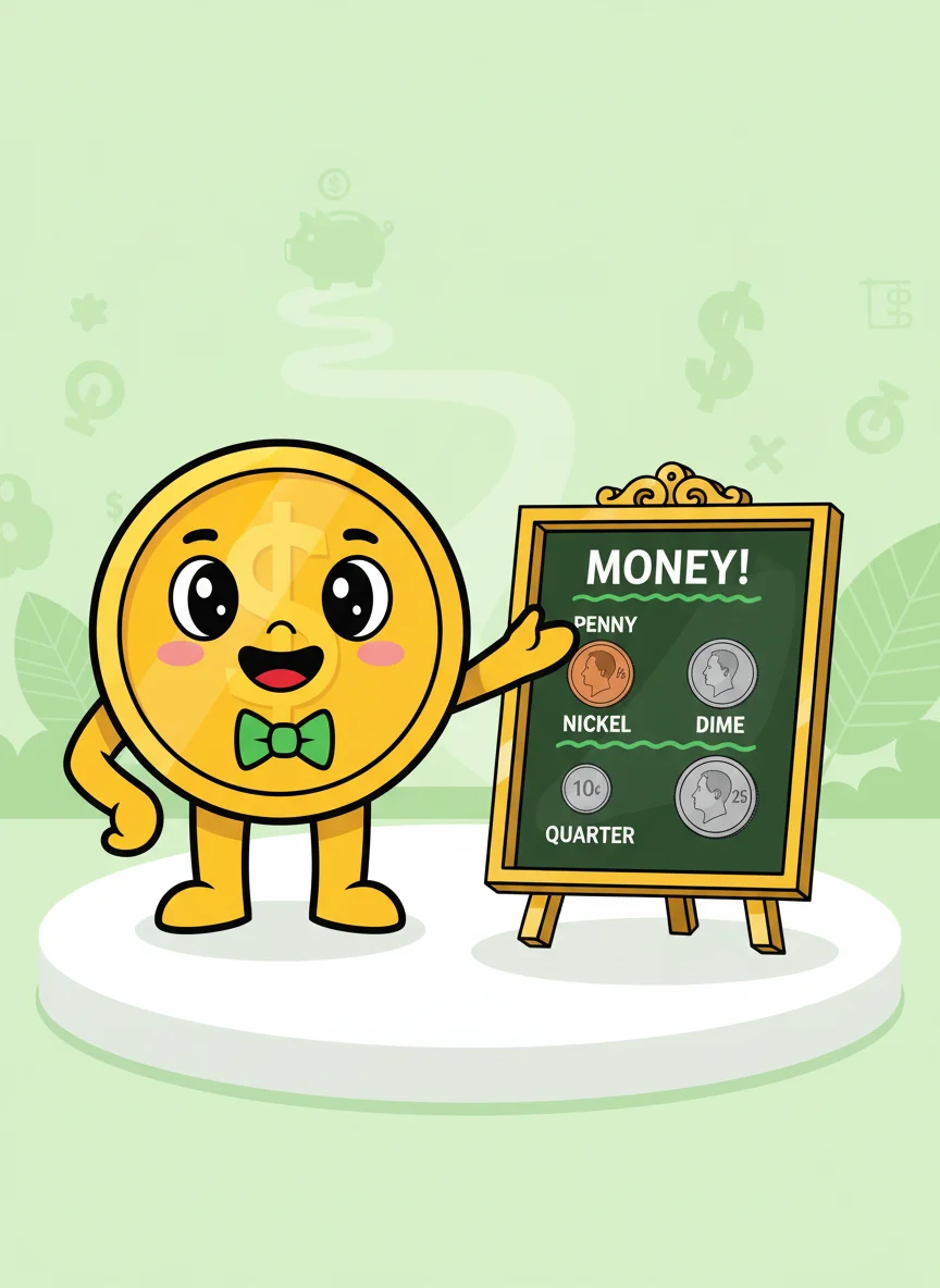 Cheerful Coin Character with Chalkboard — free illustration