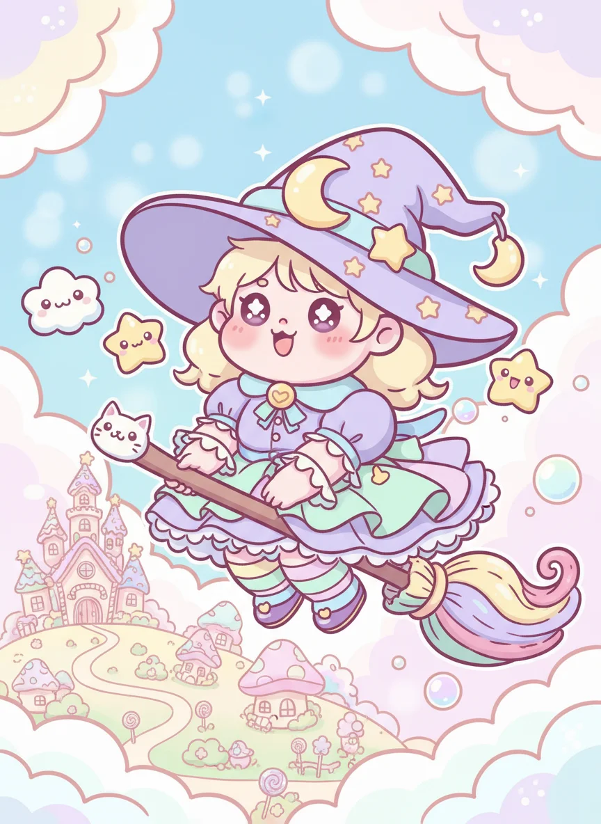 Kawaii Witch Flying on Broomstick — free illustration