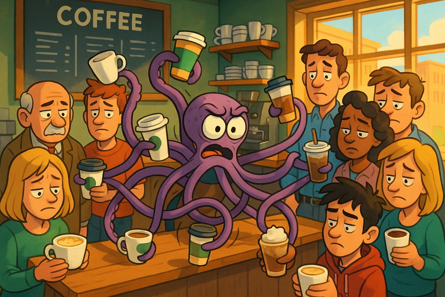 Octopus Barista Morning Rush — free illustration