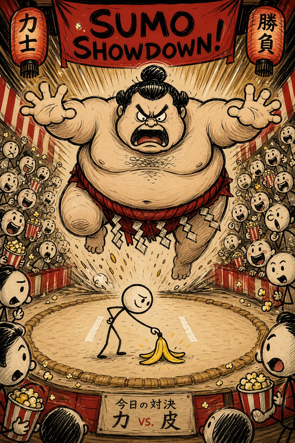 Sumo Wrestler Versus Banana Peel — free illustration