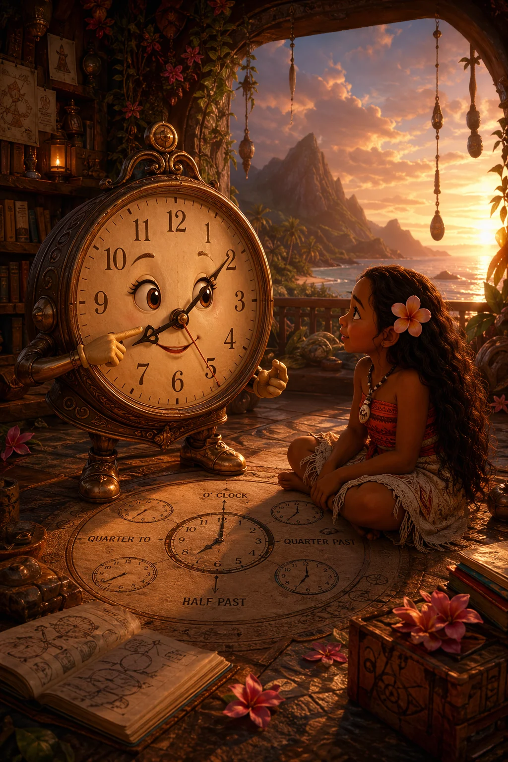 Clock Girl Teaches Polynesian Girl — free illustration