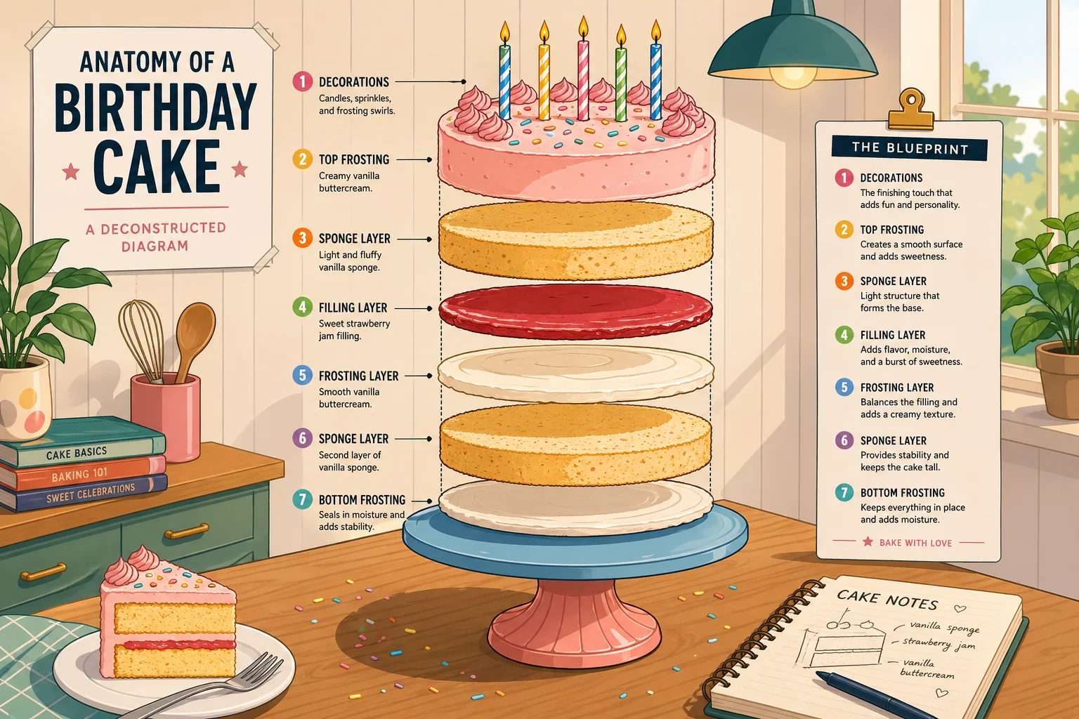 Exploded Birthday Cake Diagram — free illustration