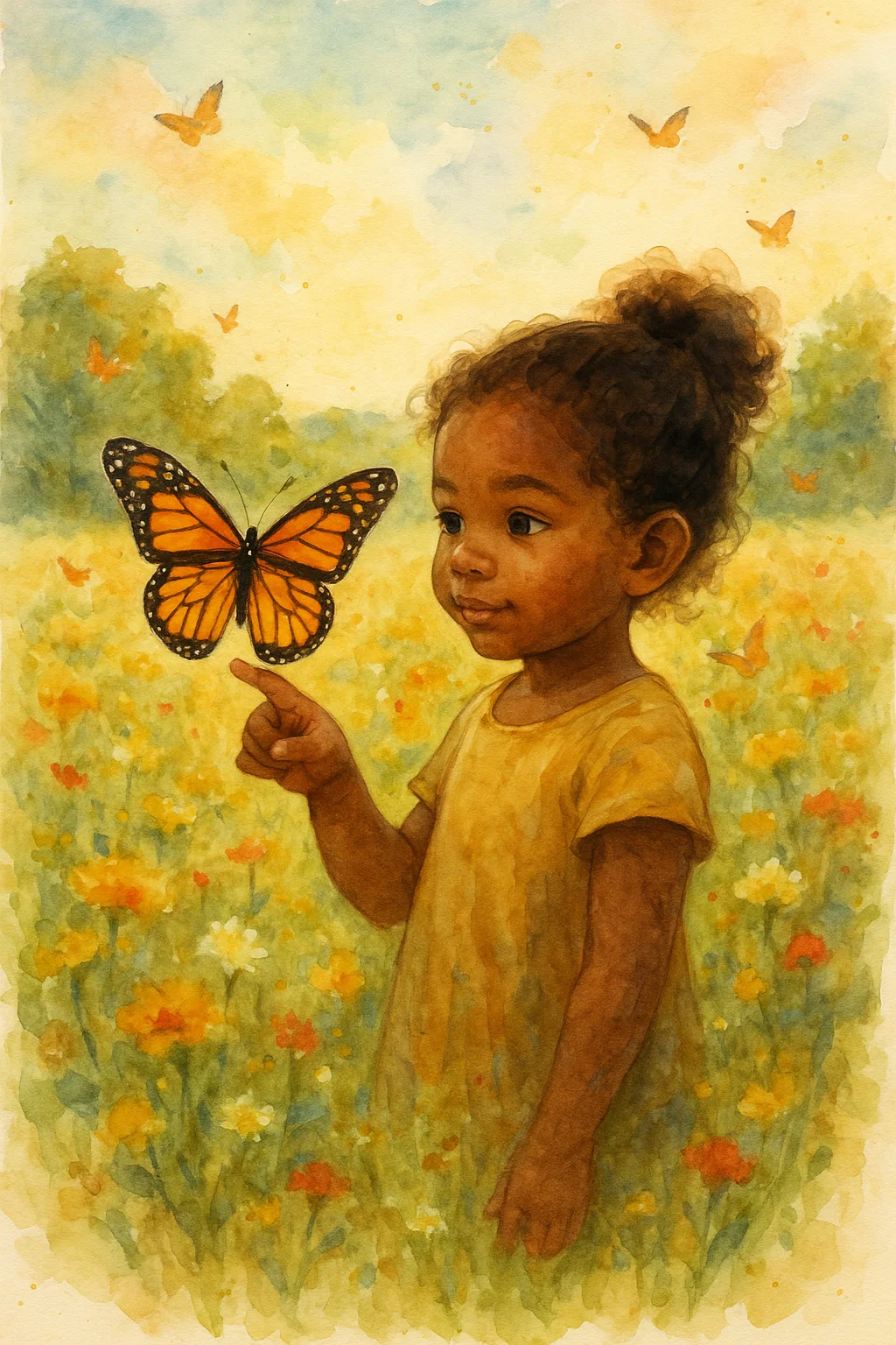 Monarch Butterfly and Girl in Meadow — free illustration