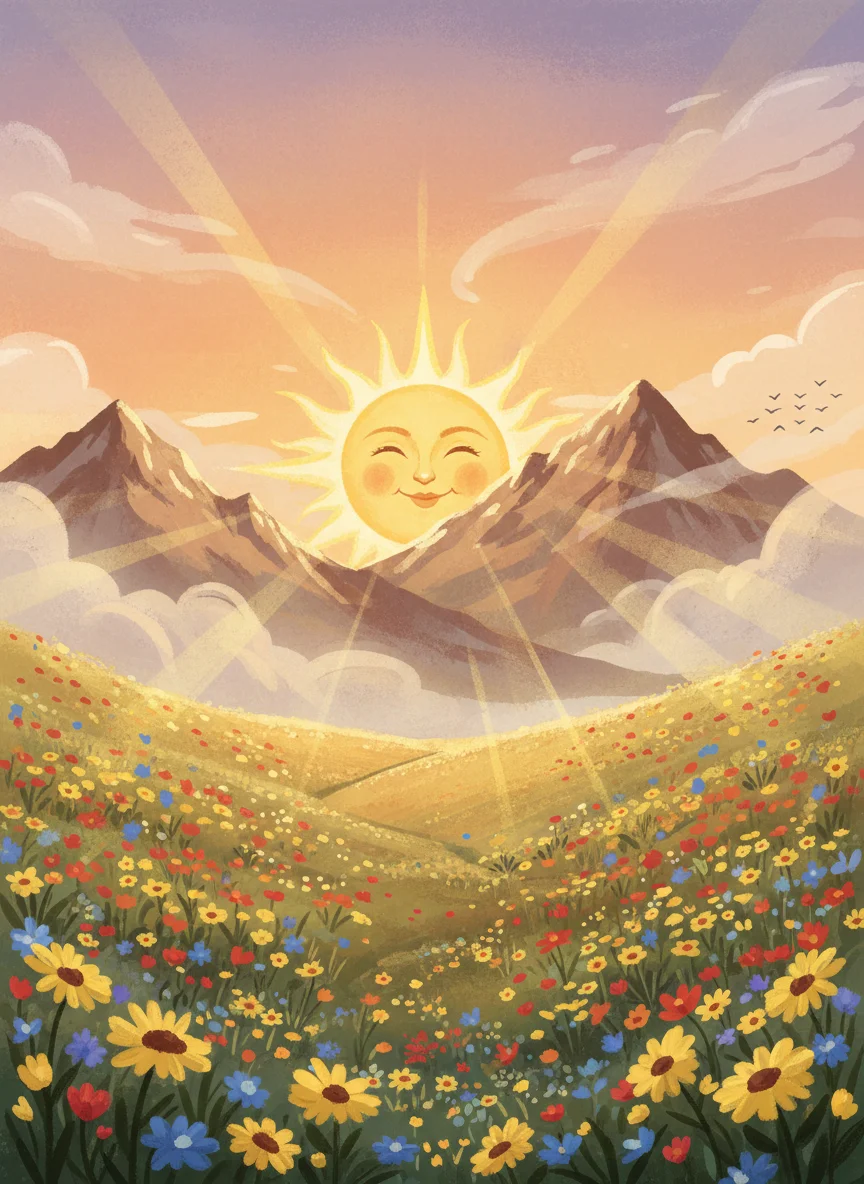 Smiling Sun Over Misty Mountains — free illustration