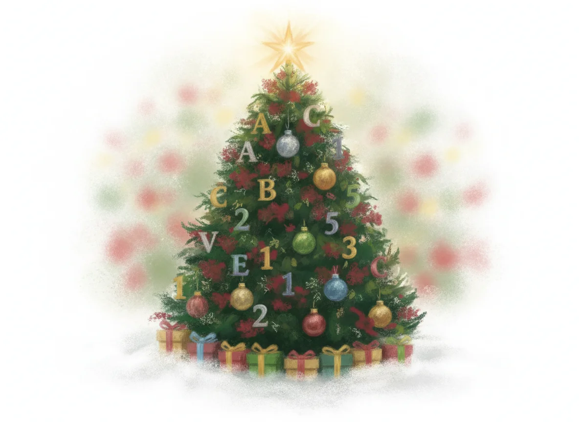 Christmas Tree with ABC 123 Ornaments — free illustration