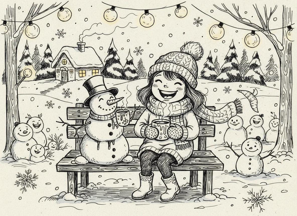 Girl Drinking Cocoa with Snowman — free illustration