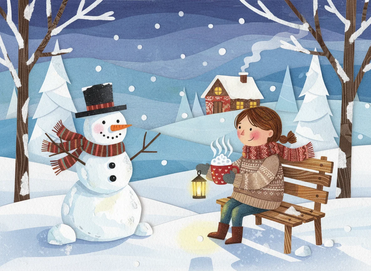 Girl Drinking Cocoa with Snowman — free illustration