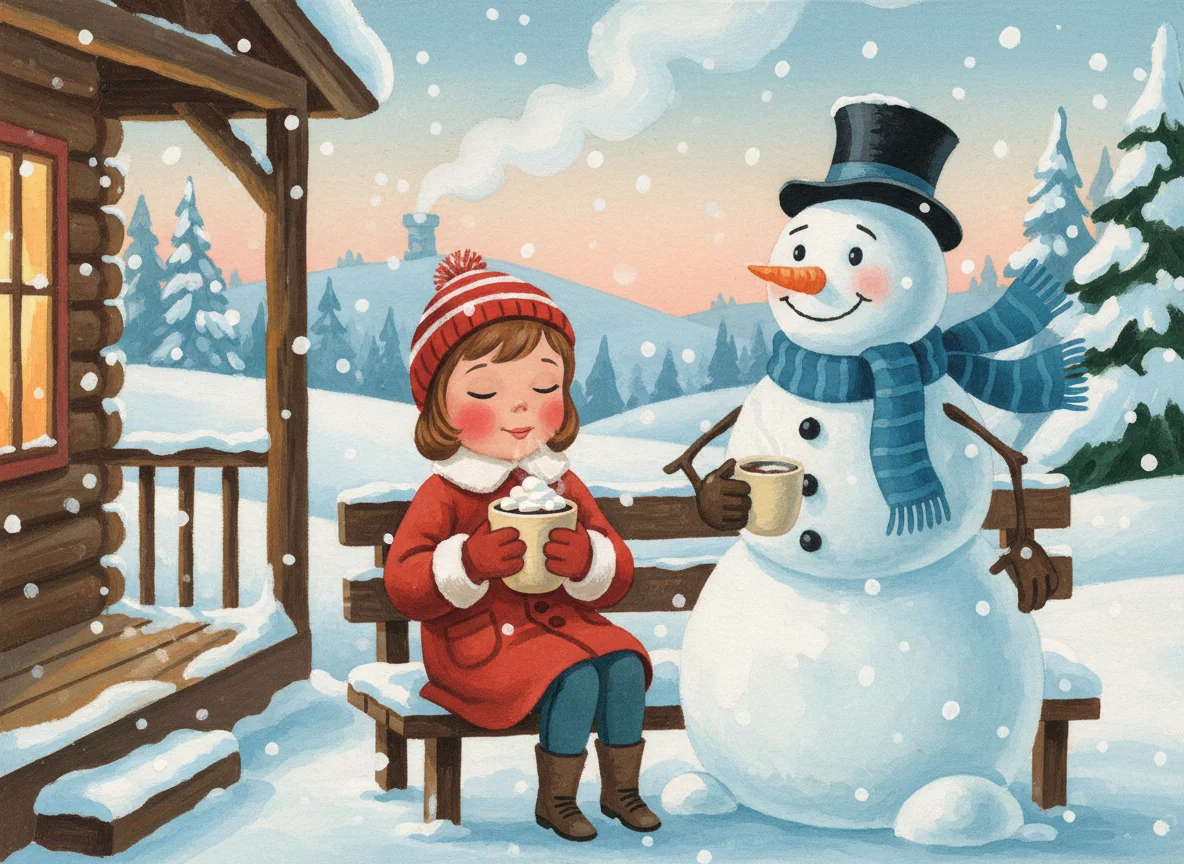 Girl Drinking Cocoa with Snowman — free illustration