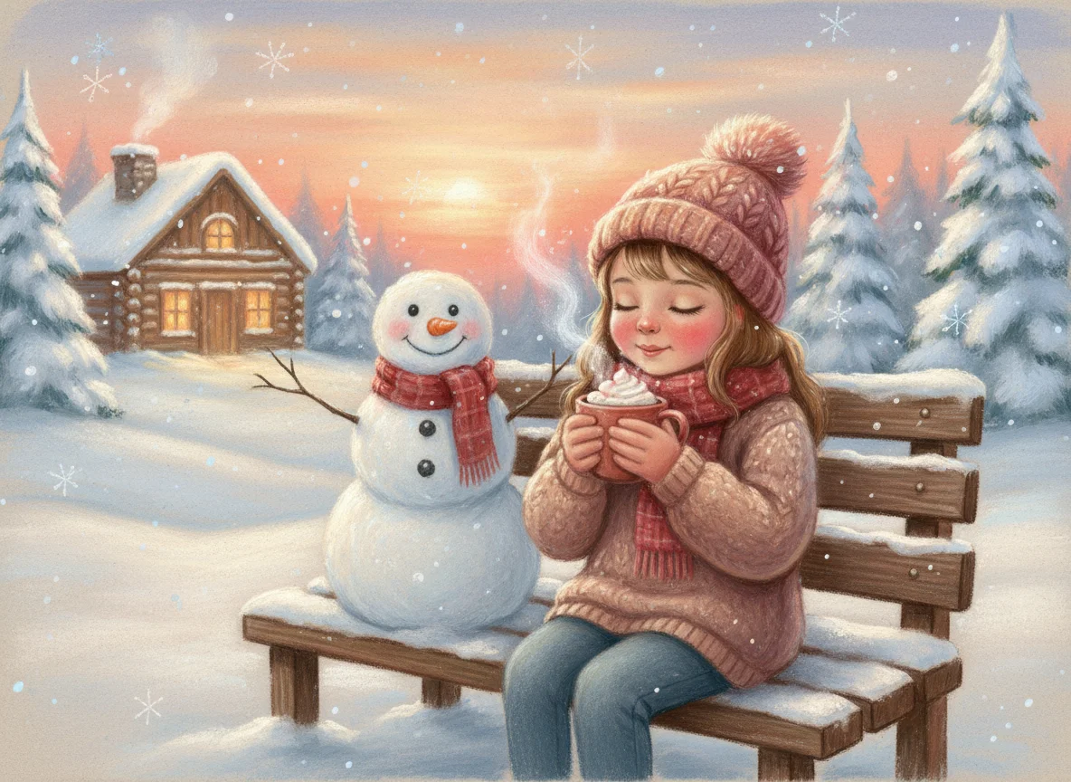 Girl Drinking Cocoa with Snowman — free illustration