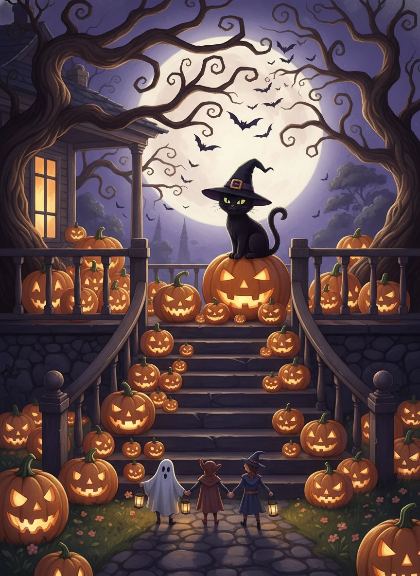 Halloween Night Black Cat on Porch — free illustration