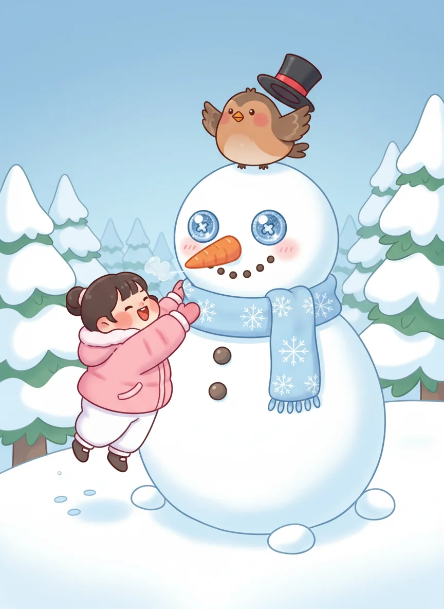 Kawaii Girl Building Snowman — free illustration