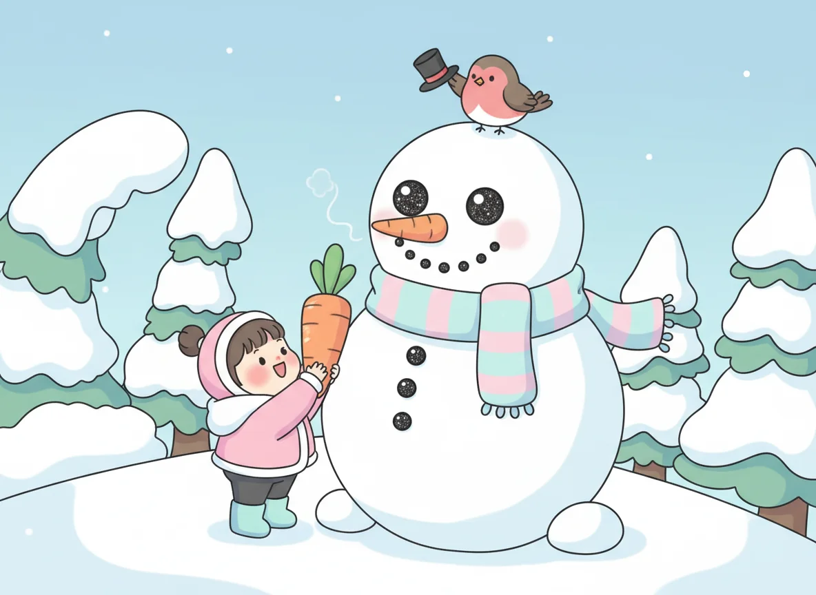 Kawaii Girl Building Snowman — free illustration