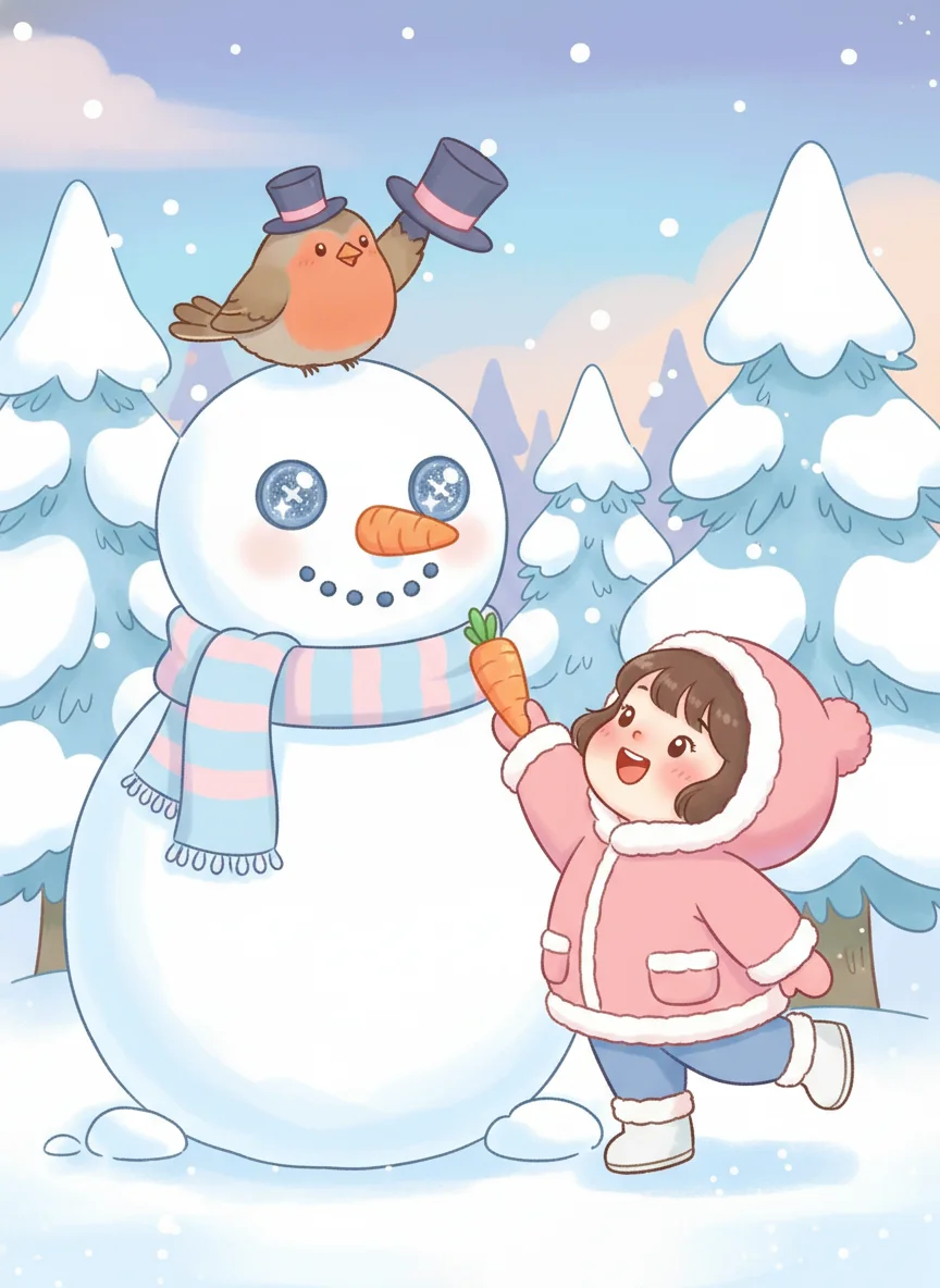 Kawaii Girl Building Snowman — free illustration