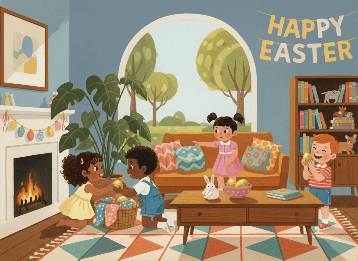 Toddlers Searching for Golden Easter Eggs — free illustration