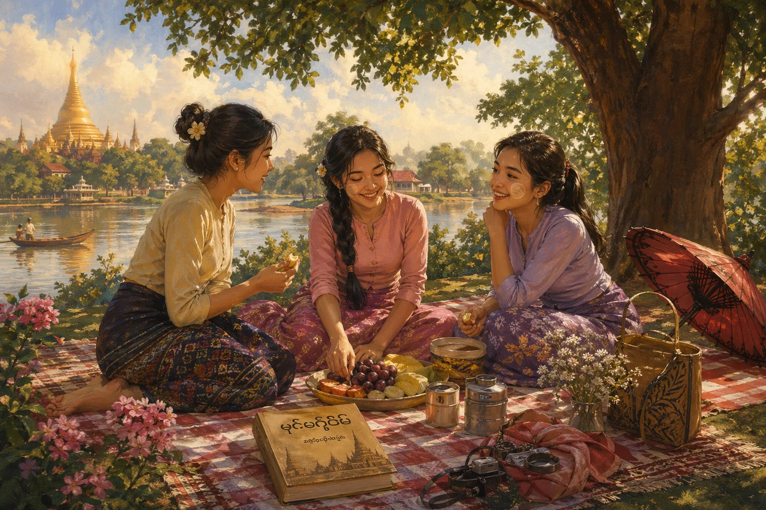 Burmese Women Picnic Reading — free illustration