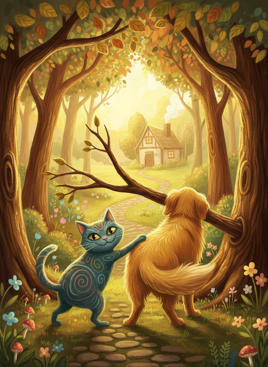 Cat Pokes Dog with Branch — free illustration